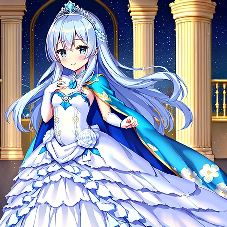 best quality,(long train blue cape:1.15),(long train white ball gown with floral decoration:1.15), a girl is wearing a cape over her dress, anime style, rococo style, little princess, tiara, kind smile, very long hair, small breast, perfect fingers, masterpiece