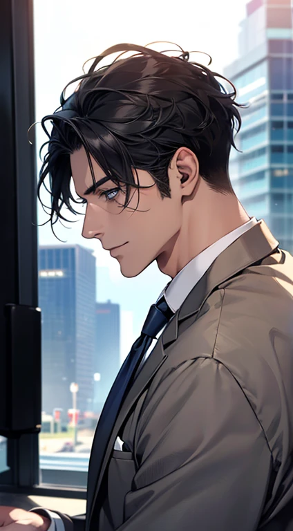 (Highest quality,4K,8K,High resolution,masterpiece:1.2),Super detailed,(Realistic,photoRealistic,photo-Realistic:1.37),1 person,31 years old,Mature Man,Beautiful skin、Profile、very handsome,Expressionless,smile,Short gray black hair,blue eyes,Sharp Eyes,A perfect face without a doubt,Businessman,Office Background,Cinema Lighting,HDR image,tie、