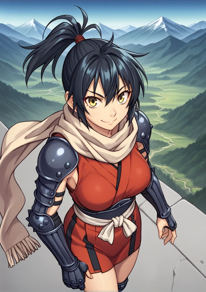1 girl, medium hair, black fur, yellow eyes, ponytail, scarf, Ninjas, open japanese clothes, Sarashi, Sarashi de pecho, thighs, gauntlets, Gloves without fingers, medium breasts, Session, space, looking at the viewer, smile, teahouse, mountain score_9, score_8_above, score_7_above, score_6_above, score_5_above, score_4_above, Breaking source_cheered up, masterpiece very giant tits, 120cm breasts