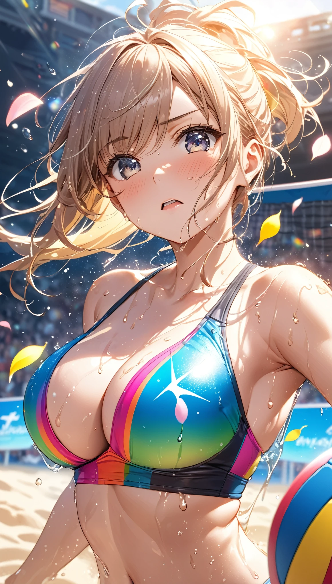 (Sports magazine cover photo), Highest quality, Great quality, 16K, Unbelievably absurd, Very detailed, delicate and dynamic, Natural light, The particles reflect light, Diffuse reflection of light, Many rainbow-colored petals fall, Beautiful sandy beach, Sparkling Sun, Diffuse reflection of light, Create amazing image effects, , Wet, sweating, Beach Volleyball, receive, Close-up(Cute sexy girl, big bouncing busts, Sensual expression, Cool girl, Serious, passion, Dynamic, Flashy swimsuit, ,audience , much-air-laden cheer)