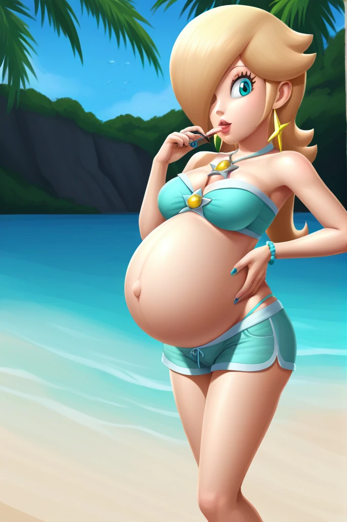 score_9, score_8_up, 1girl, solo, rosalina, style parody, thick outlines, bikini, shorts, pregnant belly, big belly, sleeveless, strapless, cleavage, indoors, beach, black nails, complete body, perfect, blue nails,
