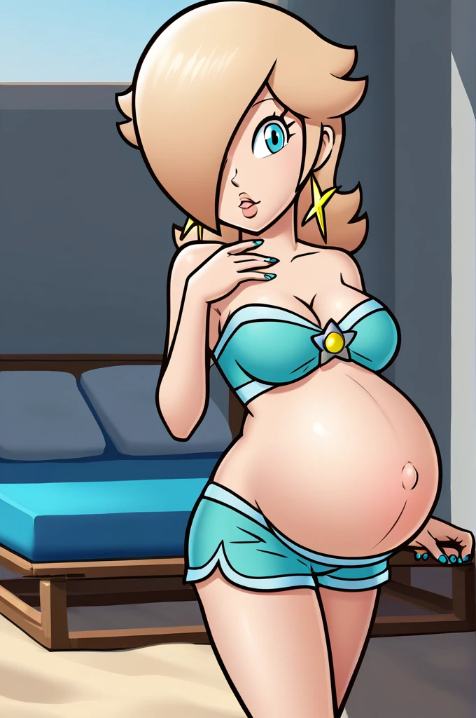 score_9, score_8_up, 1girl, solo, rosalina, style parody, thick outlines, bikini, shorts, pregnant belly, big belly, sleeveless, strapless, cleavage, indoors, beach, black nails, complete body, perfect, blue nails,