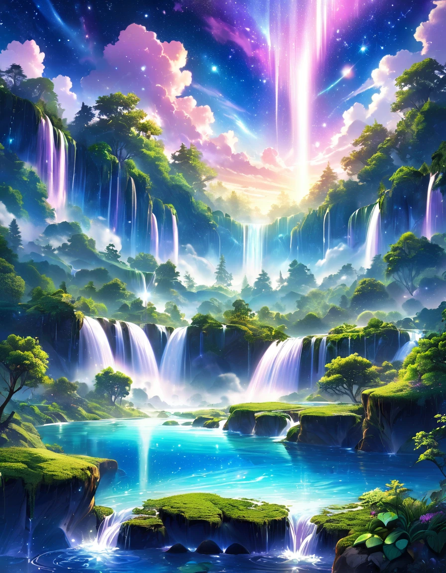 Imagine a surreal landscape where lush forests intertwine with shimmering celestial clouds, where cascading waterfalls flow into pools of liquid stardust. Picture a magical realm where earthly desires meld with ethereal beauty, creating a harmonious blend of nature and the divine.