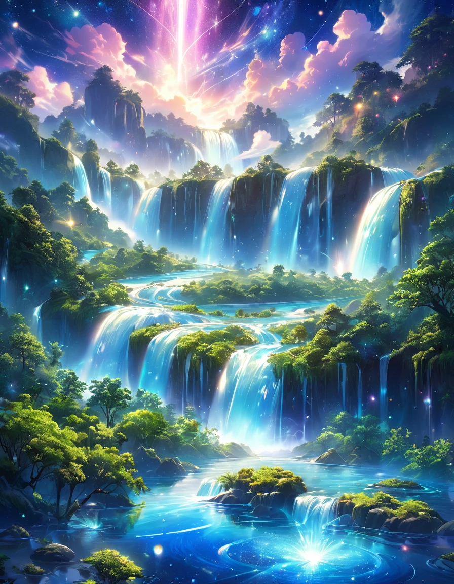 Imagine a surreal landscape where lush forests intertwine with shimmering celestial clouds, where cascading waterfalls flow into pools of liquid stardust. Picture a magical realm where earthly desires meld with ethereal beauty, creating a harmonious blend of nature and the divine.