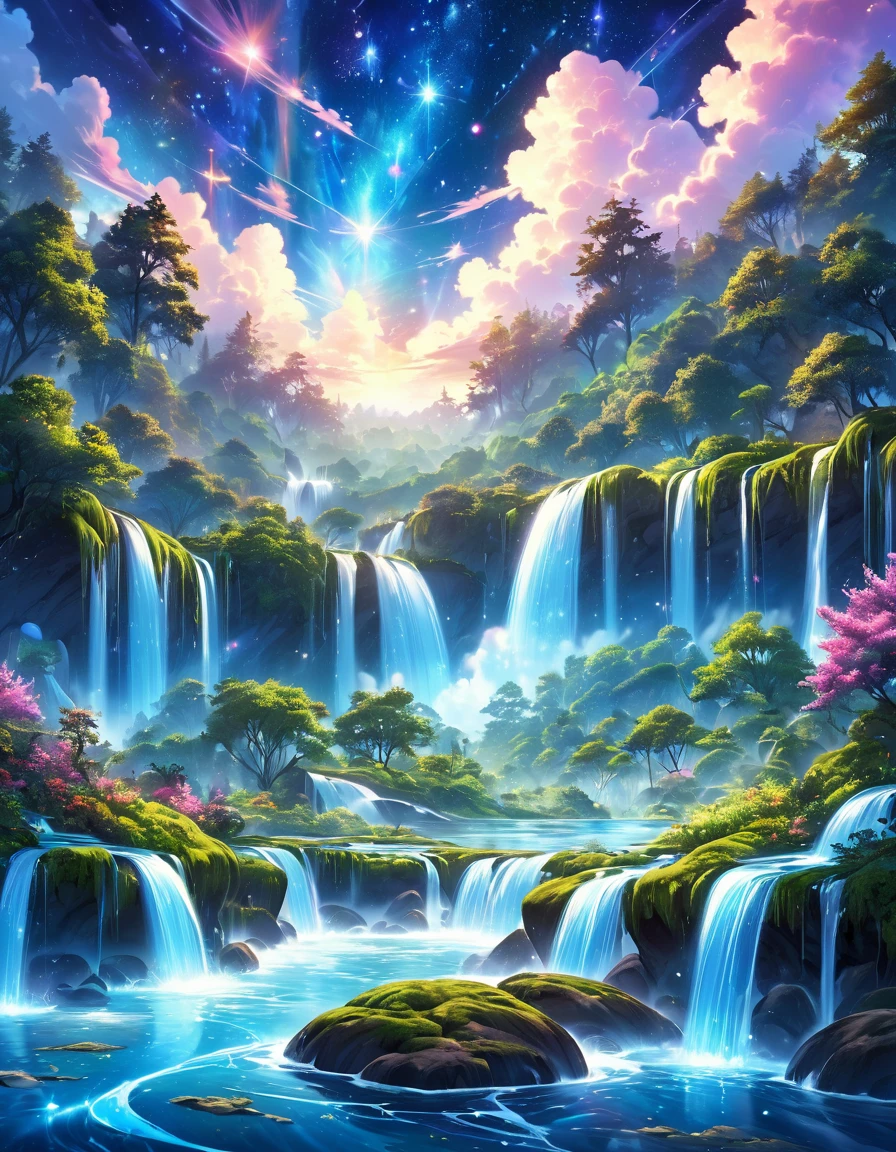 Imagine a surreal landscape where lush forests intertwine with shimmering celestial clouds, where cascading waterfalls flow into pools of liquid stardust. Picture a magical realm where earthly desires meld with ethereal beauty, creating a harmonious blend of nature and the divine.