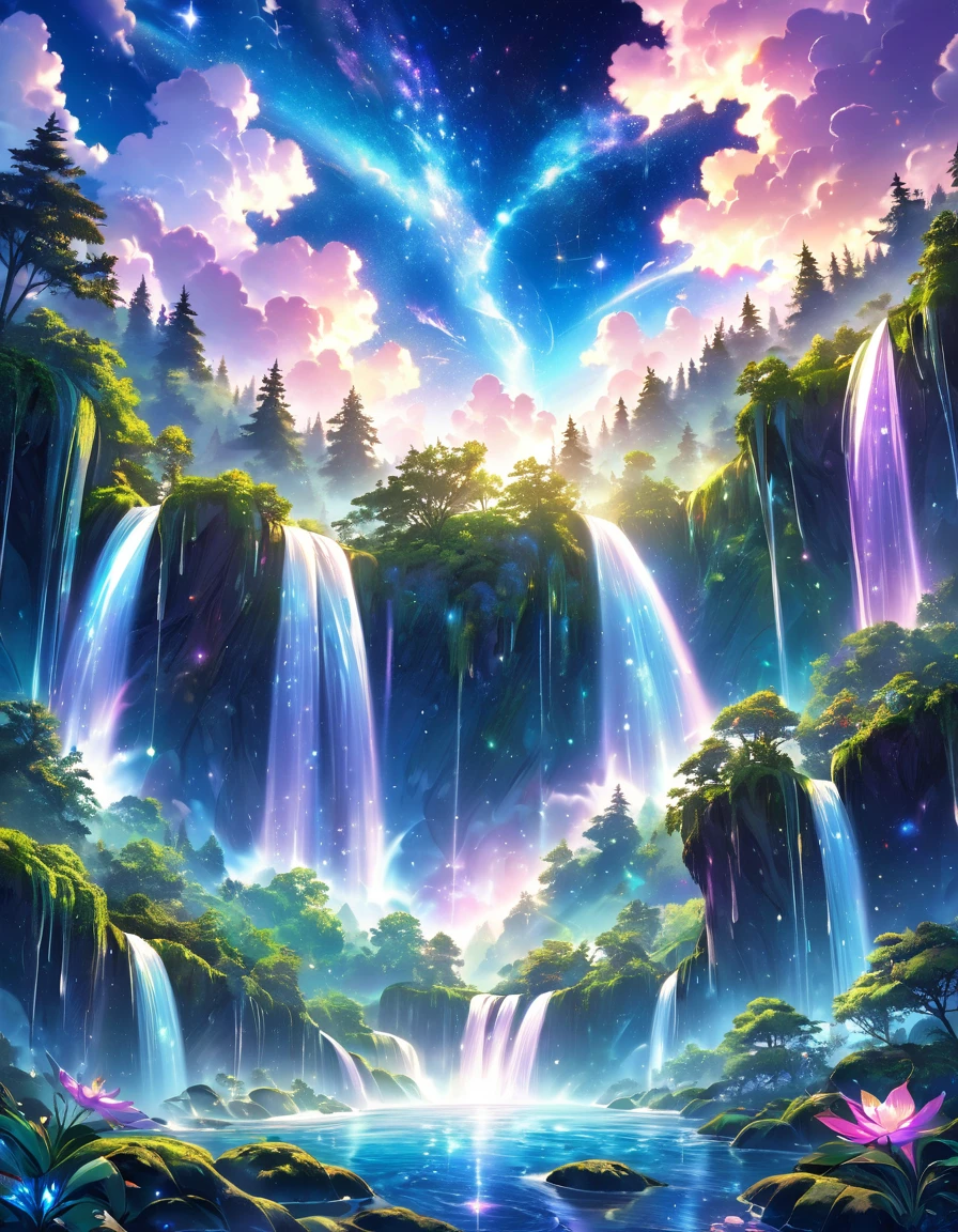 Imagine a surreal landscape where lush forests intertwine with shimmering celestial clouds, where cascading waterfalls flow into pools of liquid stardust. Picture a magical realm where earthly desires meld with ethereal beauty, creating a harmonious blend of nature and the divine.