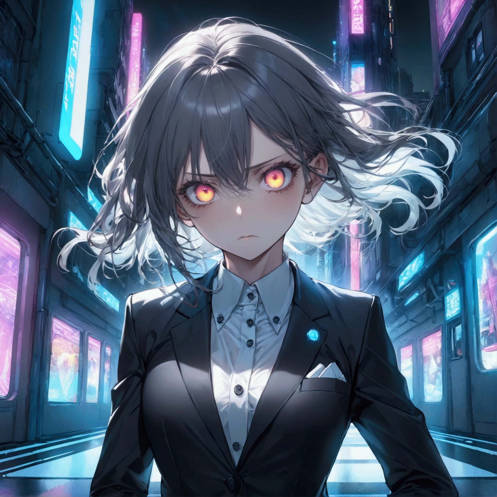 16K, HDR, Renesas Electronics, Ray Tracing, Natural Lighting, absurd, A masterpiece of the finest quality, Perfect anatomically detailed face, Delicate eyes, 1 Girl, Solitary, Wearing a suit, shirt, Top button open, Beautiful hair, extreme beauty, impatience, Cool, Evil breath, windy, Glowing eyes, Serious expression, Dystopian City, Futuristic, Detailed background, The award-winning, Neon lights, Popular on Art Station