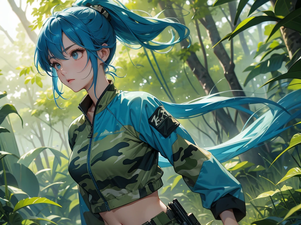 Blue Hair、Up ponytail、Big Breasts、Belly button exposed、Green camouflage survival clothing、Looking into the distance、evening、jungle、Highest quality
