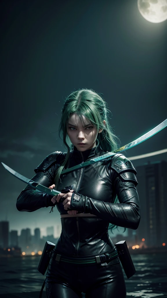 A woman with green hair and blue eyes wearing a black ninja suit and two katanas angry while floating with the background of a city with jade zombies next to her