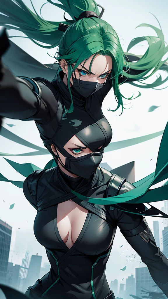 A woman with green hair and blue eyes wearing a black ninja suit and two katanas angry while floating with the background of a city with jade zombies next to her