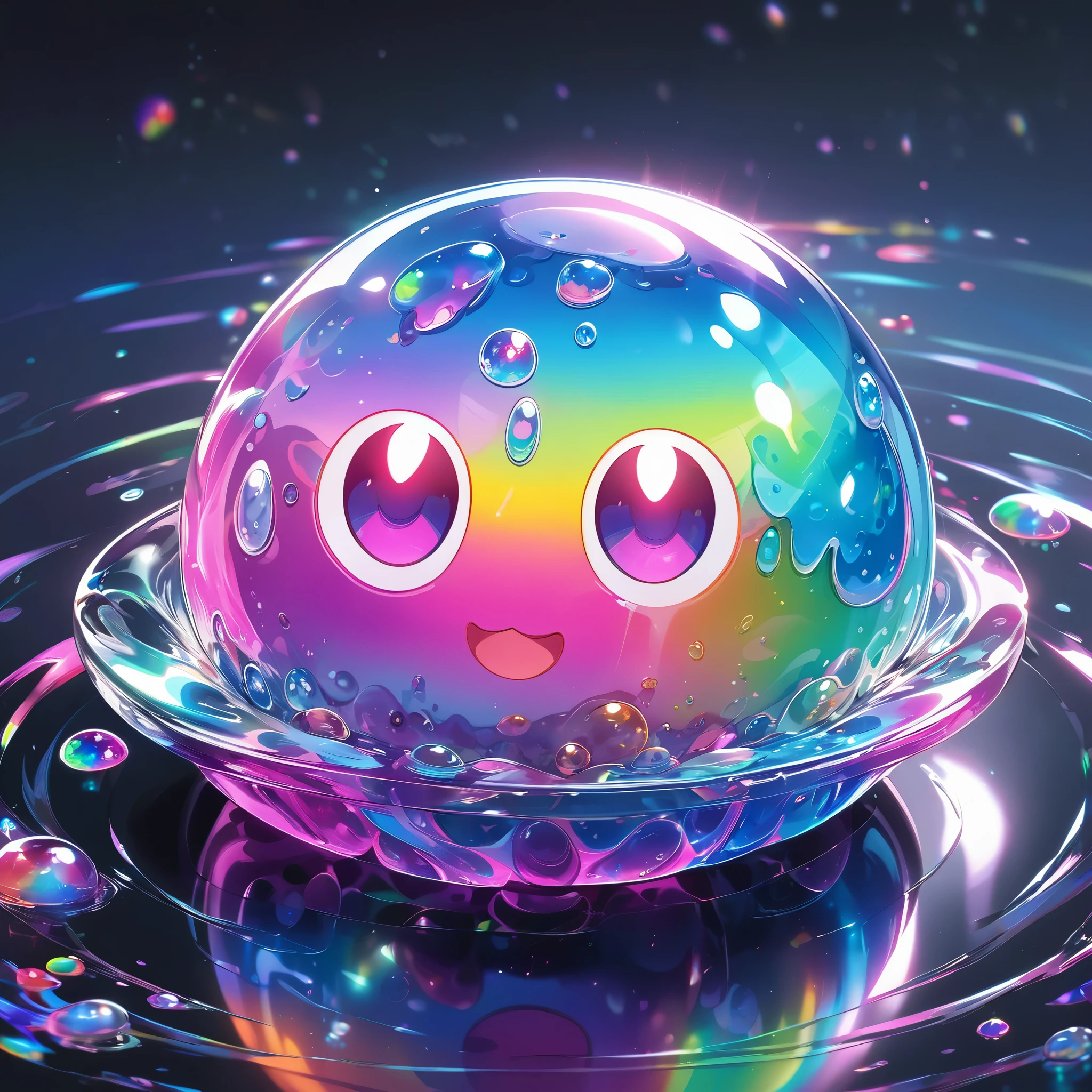 Slime, All in one, Tiny nuclei that shine in fantastical rainbow colors,and a completely melted jelly fusion, Very transparent material, High viscosity, Elasticity due to surface tension, Holographic sparkling reflections, Create an engaging impression on your audience