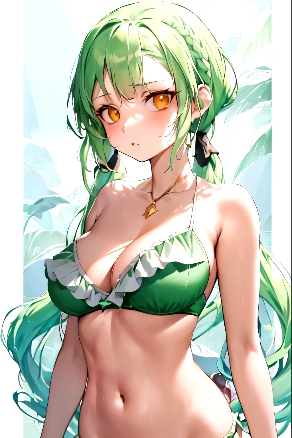 ((ice green color hair)), (low twintails), ((asymmetric bangs)), braided bangs, extra long hair, break, break, ((ruby red color frilled bikini)), floral, break, ((petite)), big breasts, 156cm,  girl, blush, [glaring], (Look straight ahead), (from the front), ((Standing Upright)), ((no background)), ((character concept illustration)), break, ((gold eye), ((tsurime))), detailed beautiful face and eyes, high resolution, masterpiece, high details, best quality, 4K, textured skin, UHD