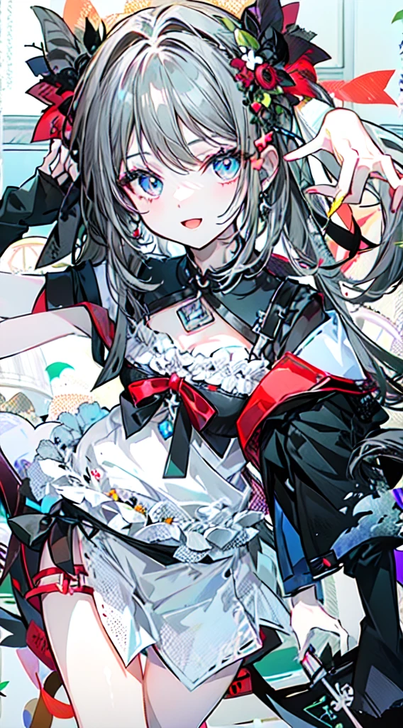 masterpiece , Highest quality , Super detailed , woman , smile , Open your mouth , Shiny Hair , Beautiful Eyes , cute , cute,17 years old,high school girl,Gray Hair,Long Hair,Pale skin, Mid-chest,blue eyes