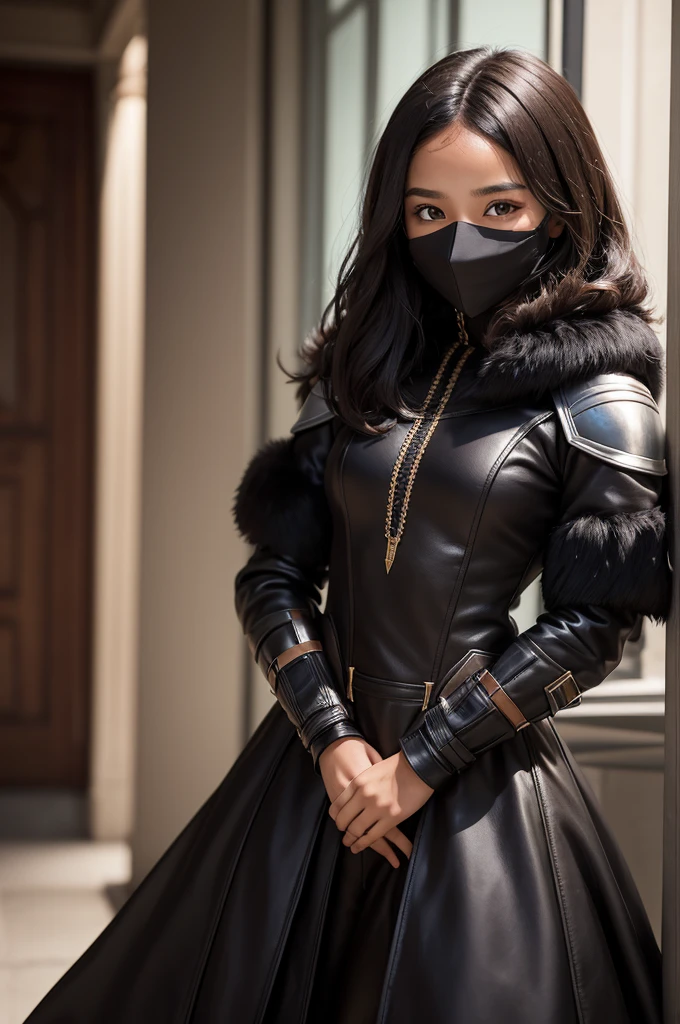 A 12 year old with light brown skin, blackquality hair, mask covering the eyes, She is wearing a black heroine costume with fur on the sleeves and lap, do it in Marvel comic style