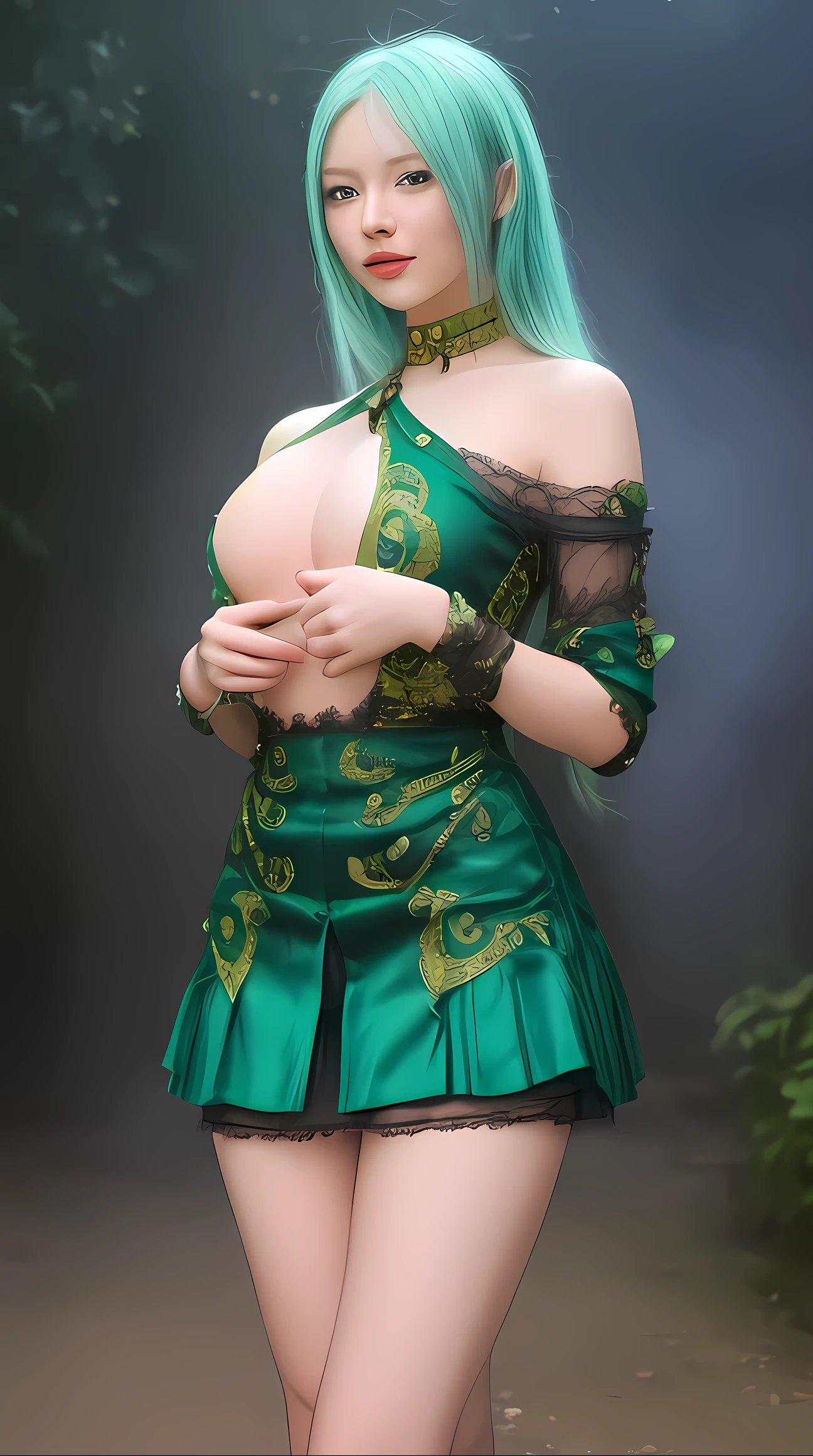 ((Best Quality)), ((masterpiece)), (detailed), 1 anime girl with the power to regenerate nature through giant luminous flashes , spectacular shine green rays of bright green light, beautiful cosplay girl green short skirt , beautiful legs very very slender and beautiful girl,beautiful face original realism, rays of light all over her body come outwards from her,many radiant green non-elongated rays of light ,front shot beautiful girl special, beautiful radiant green