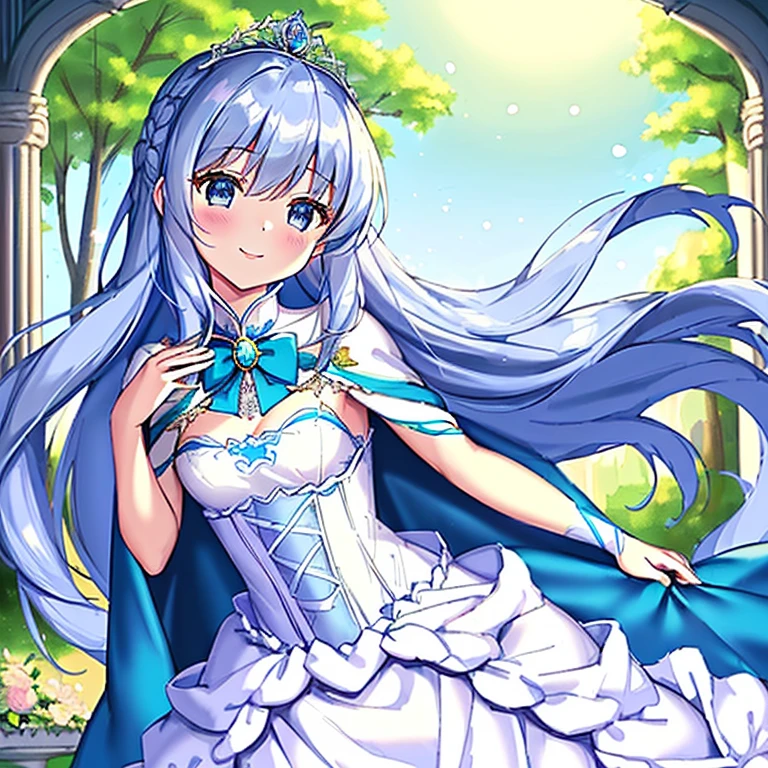 best quality,(long train blue cape:1.15),(long train white ball gown with floral decoration:1.15), a girl is wearing a cape over her dress, anime style, rococo style, little princess, tiara, kind smile, very long hair, small breast, perfect fingers, masterpiece