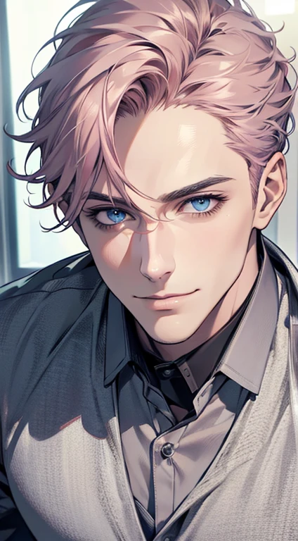 (best quality,4k,8k,highres,masterpiece:1.2),ultra-detailed,(realistic,photorealistic,photo-realistic:1.37),1 man,31 years old,mature man,very handsome,without expression,smile,short grey pink hair,blue eyes,penetrating gaze,perfect face without errors,imposing posture,businessman,office background,cinematic lighting,hdr image