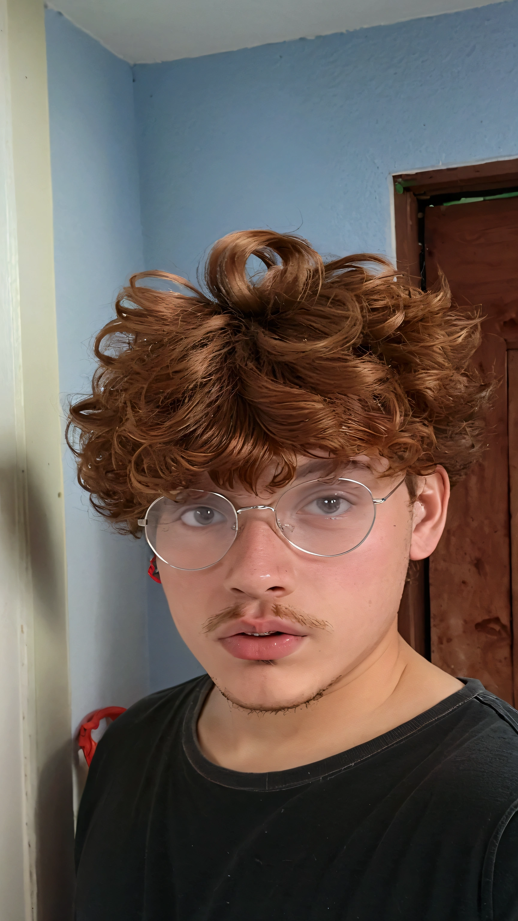 Boy with red curly hair, sign near the mouth, Caucasian skin, thin pink lip, eyes browns