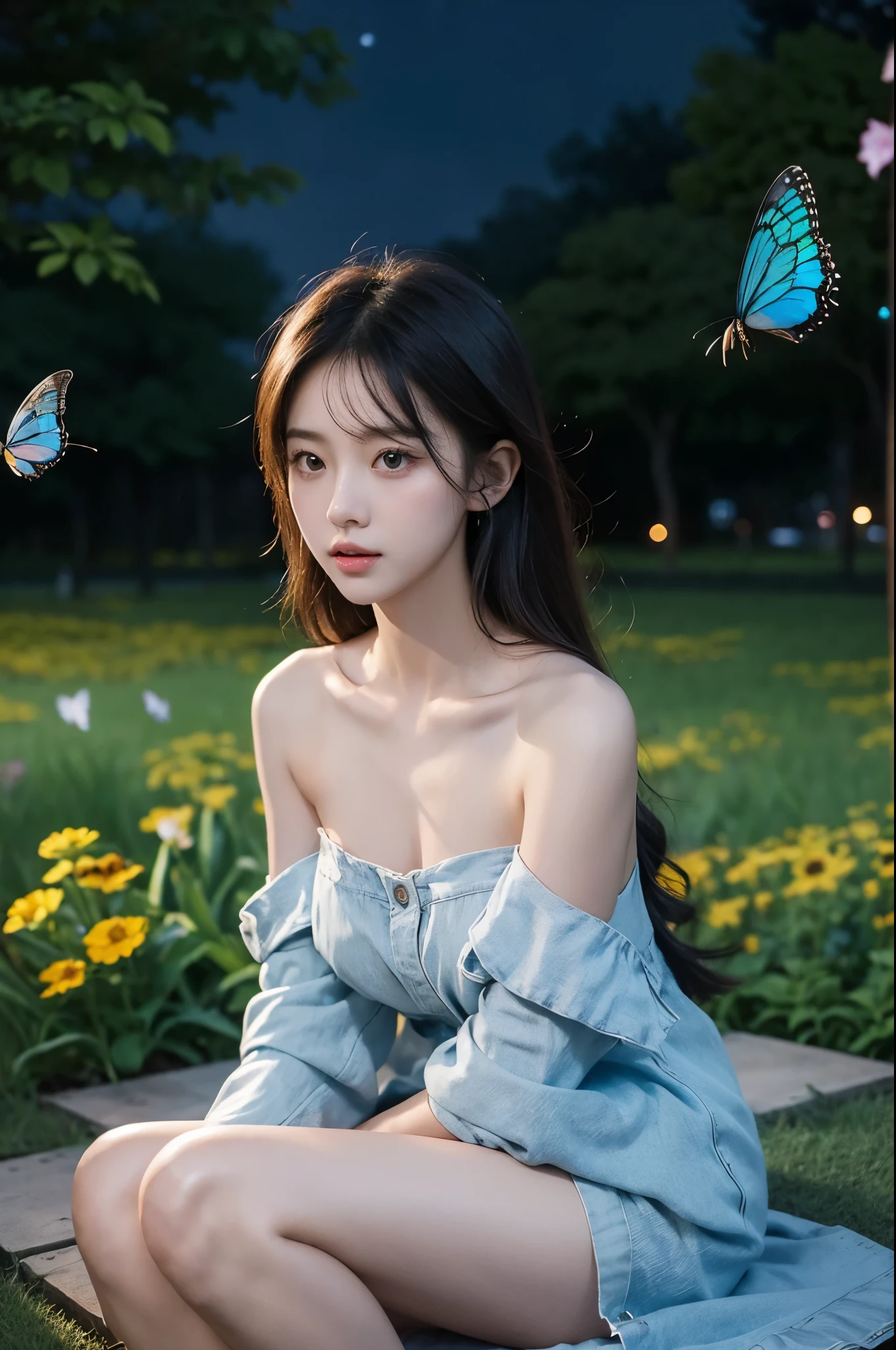 (night), ((single bare shoulder)), iridescence, In the park under the moonlight，A beautiful girl sitting among the flowers，Surrounded by blooming flowers and fluttering butterflies。Girl&#39;s cleavage is visible，The body leans back，Support your body with your elbows，Showing an elegant and seductive posture。She has a very beautiful、Well-proportioned legs，Anatomically correct。The girl&#39;s face is delicate，Bathed in the soft moonlight，The whole scene is filled with atmospheric lighting effects。Dramatic lighting creates a cinematic atmosphere。The bright smile on the girl&#39;s face adds a touch of fantasy。