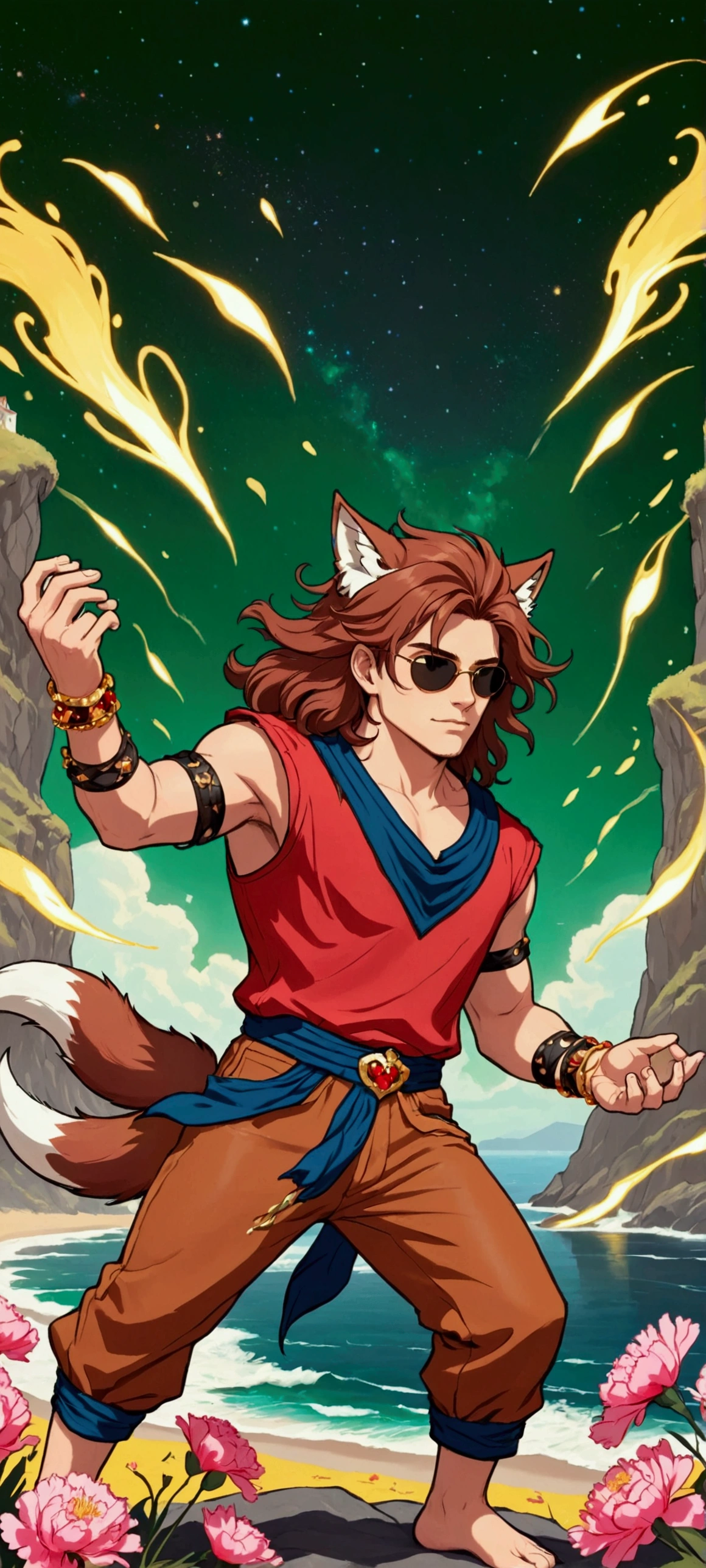 Young man tall handsome toned with shoulder-length hair of reddish brown color, wearing a black shirt and pants, leather huaraches, a gold bracelet on his biceps, a palladium crown adorned with amber crystals and a little fox playing on his feet surrounded by red carnations with white on a hill by the sea