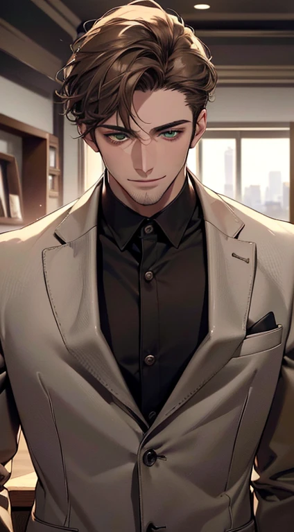 (best quality,4k,8k,highres,masterpiece:1.2),ultra-detailed,(realistic,photorealistic,photo-realistic:1.37),cinematic lighting,1:4 hdr image,a mature man, 29 years old,very handsome,cold expression smile in love, short grey brown hair, green eyes,flawless face,buttoning his jacket,CEO