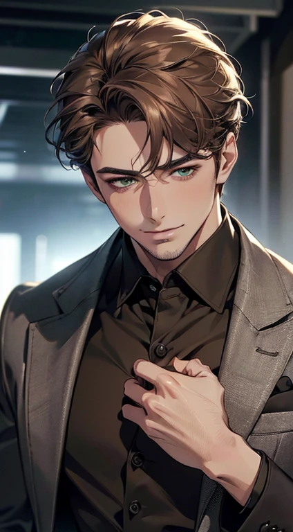 (best quality,4k,8k,highres,masterpiece:1.2),ultra-detailed,(realistic,photorealistic,photo-realistic:1.37),cinematic lighting,1:4 hdr image,a mature man, 29 years old,very handsome,cold expression smile in love, short grey brown hair, green eyes,flawless face,buttoning his jacket,CEO