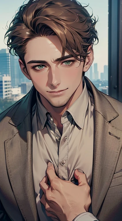 (best quality,4k,8k,highres,masterpiece:1.2),ultra-detailed,(realistic,photorealistic,photo-realistic:1.37),cinematic lighting,1:4 hdr image,a mature man, 29 years old,very handsome,cold expression smile in love, short grey brown hair, green eyes,flawless face,buttoning his jacket,CEO