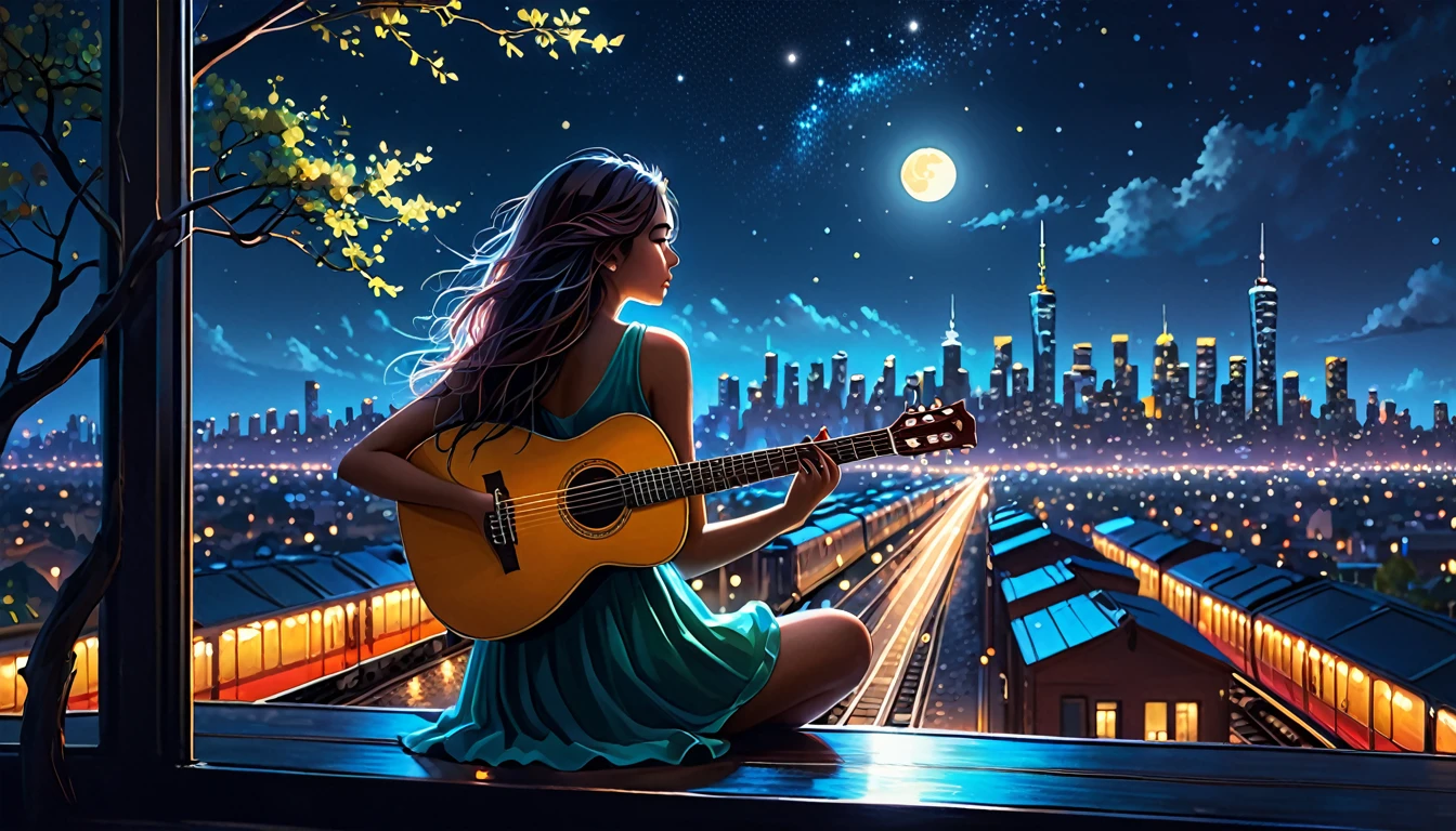 (best quality,4k,8k,highres,masterpiece:1.2),uma girl sitting alone in the night with her guitar facing away from the camera, looking towards a brightly lit city at night, with a train on the horizon,ultra-detailed,realistic:1.37,portraits,illustration,painting,,tranquil,melancholic,dark colors,moody lighting,colorful city lights,musical talent,romantic atmosphere,serene night sky,peaceful ambiance,softly lit,captivating scenery,expressive eyes,hair blowing in the wind,vibrant metropolitan view,emotive melodies,surreal urban landscape,shining stars,silhouetted trees,ethereal moonlight,ambient vibes,dreamy ambiance,detailed guitar strings,nighttime adventures,luminous cityscape,melodies echoing through the empty streets,melancholy melodies filling the air.