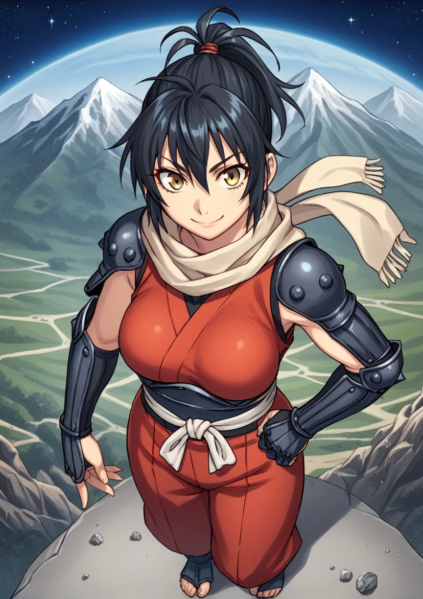 1 girl, medium hair, black fur, yellow eyes, ponytail, scarf, Ninjas, open japanese clothes, Sarashi, Sarashi de pecho, thighs, gauntlets, Gloves without fingers, medium breasts, Session, space, looking at the viewer, smile, teahouse, mountain score_9, score_8_above, score_7_above, score_6_above, score_5_above, score_4_above, Breaking source_cheered up, masterpiece very giant tits, G cup breasts 