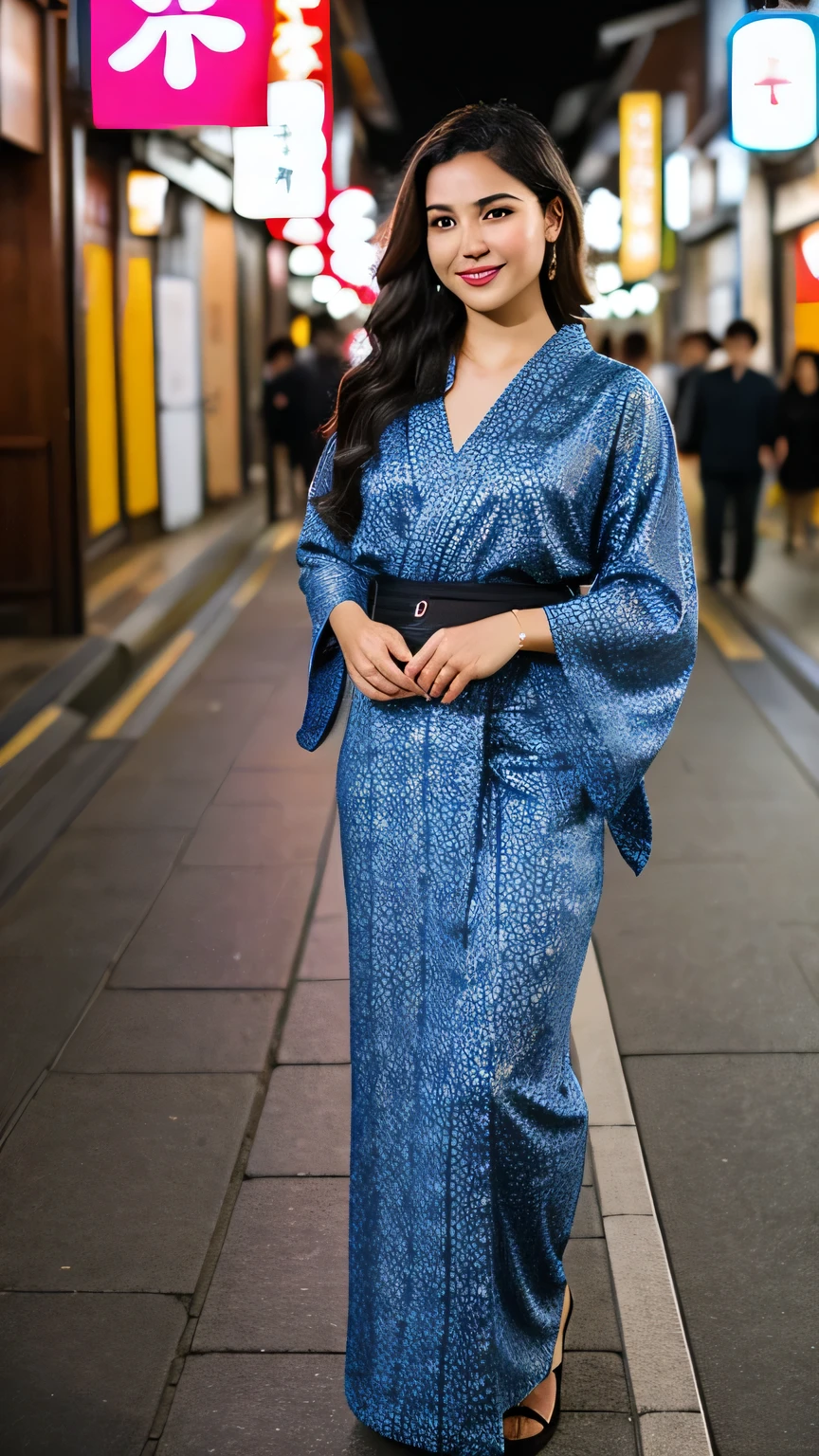 ((best quality)), ((masterpiece)), (detailed),  full body portrait of a young latin woman with wavy dark hair, flawed skin and a slender body type, posing in a beautiful  colored japanese kimono, on a street in Ueno, Tokyo, at night, perfect face, perfect hands, five fingers, shot with Sony Alpha A6500 1.4f, bokeh, highly detailed, masterpiece, 

