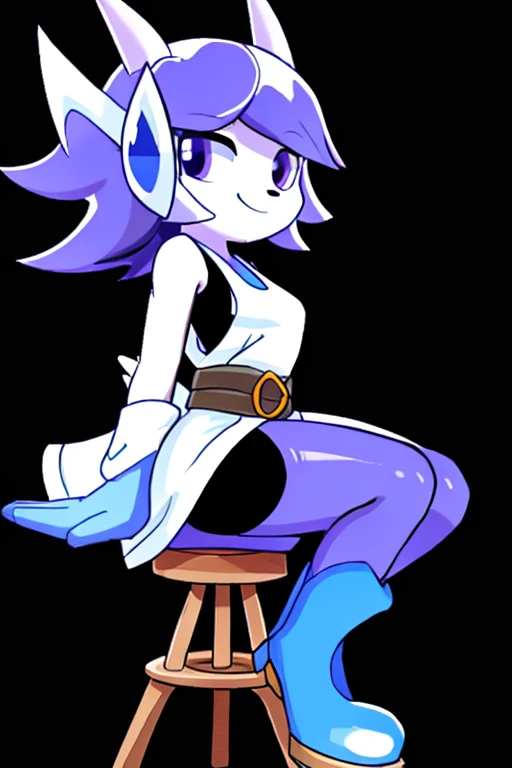 best quality,  sash lilac, sitting, stool, dark environment, long bangs, white sleeveless robe, blue boots, blue-white gloves, ass,