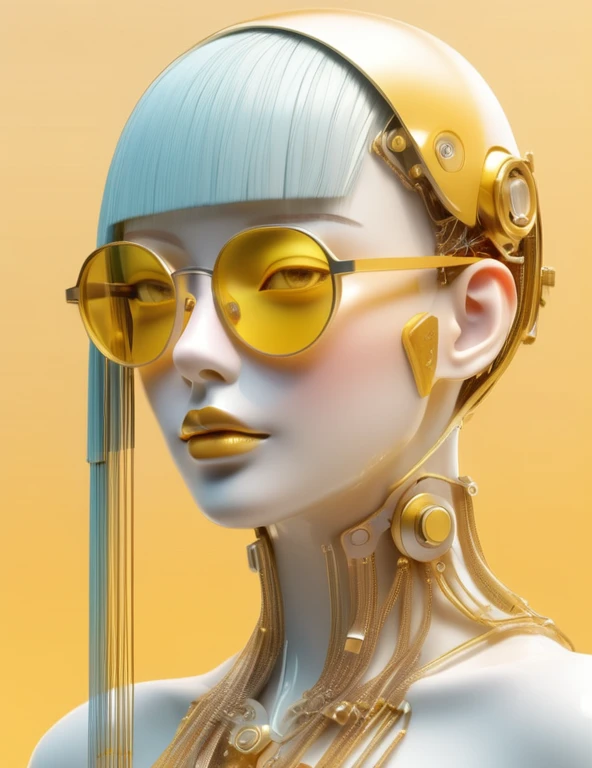 3D illustration of a futuristic artificial intelligence model upper body and face, Stylish glasses with tassels, Gradient Background, Pastel Color Palette, Yellow gold, Simplicity, Cold metal texture, Surrealism, Long neck, mechanical,