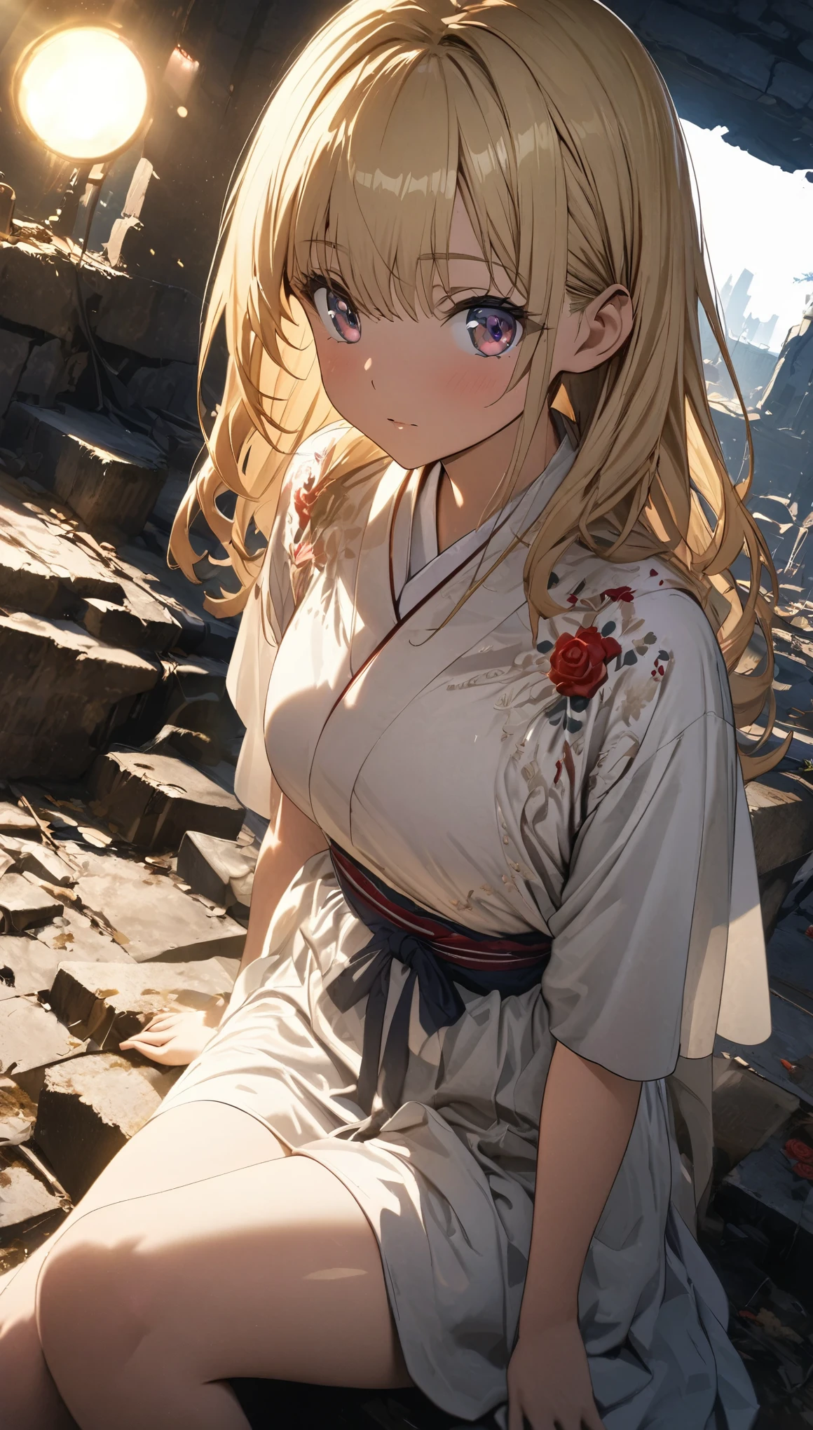 (Japanese Anime), ((best quality)), (Professional photography:1.3), (Super Detail:1.2), (HD:1.3), lens flare, Wide-angle lens, Textured Skin, Movie Lighting, 1 Girl, Rose embroidery, (Silky blonde hair), (Cute and shining), (healthy body), ((Sitting on the ruins)), (Clear focus), (Perfect Light)