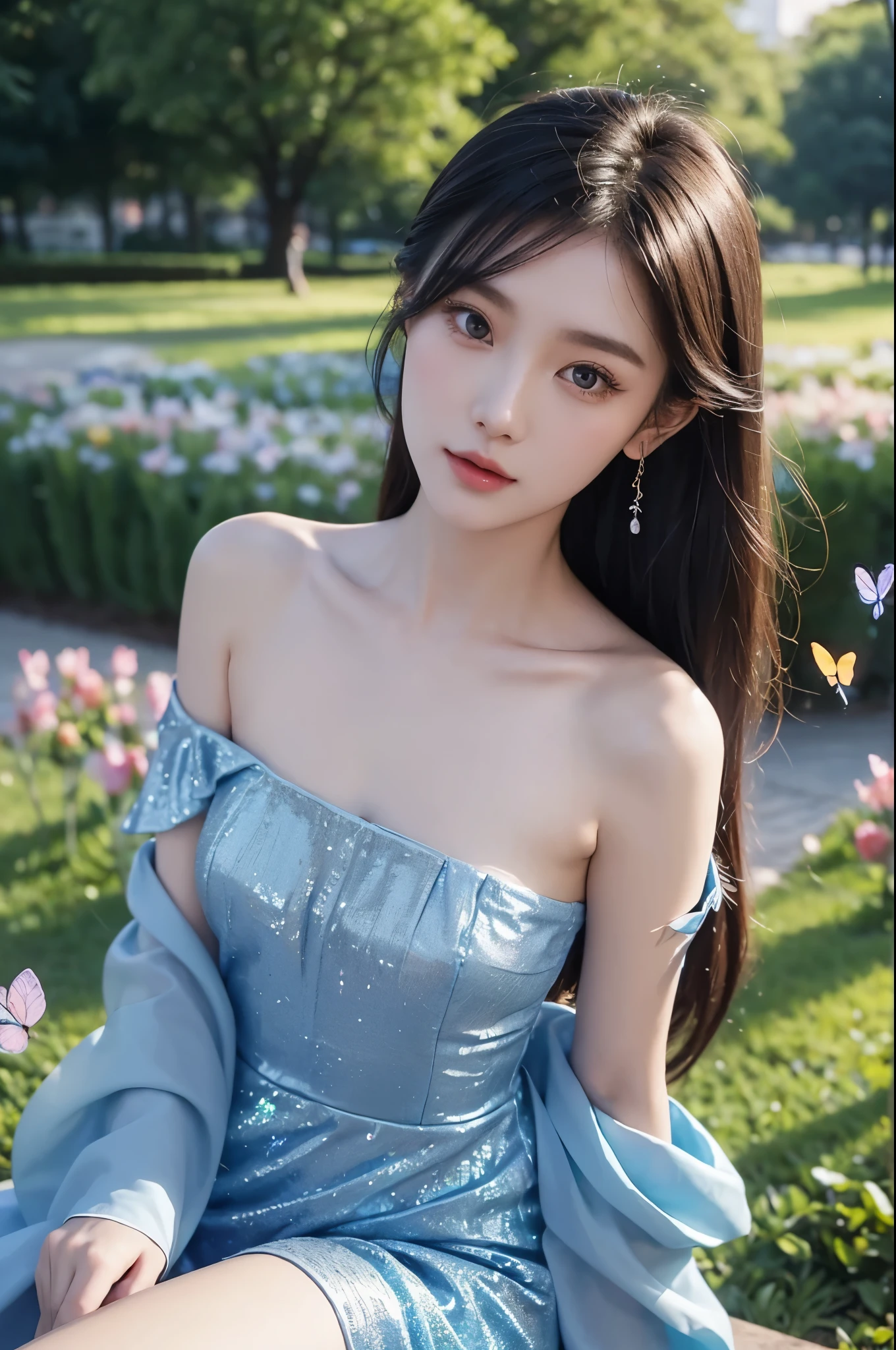 bjyx (nice with you). blue dress (night), ((single bare shoulder)), iridescence, In the park under the moonlight,A beautiful girl sitting among the flowers,Surrounded by blooming flowers and fluttering butterflies。Girl's cleavage is visible,The body leans back,Support your body with your elbows,Showing an elegant and seductive posture。She has a very beautiful、Well-proportioned legs,Anatomically correct。The girl's face is delicate,Bathed in the soft moonlight,The whole scene is filled with atmospheric lighting effects。Dramatic lighting creates a cinematic atmosphere。The bright smile on the girl's face adds a touch of fantasy。