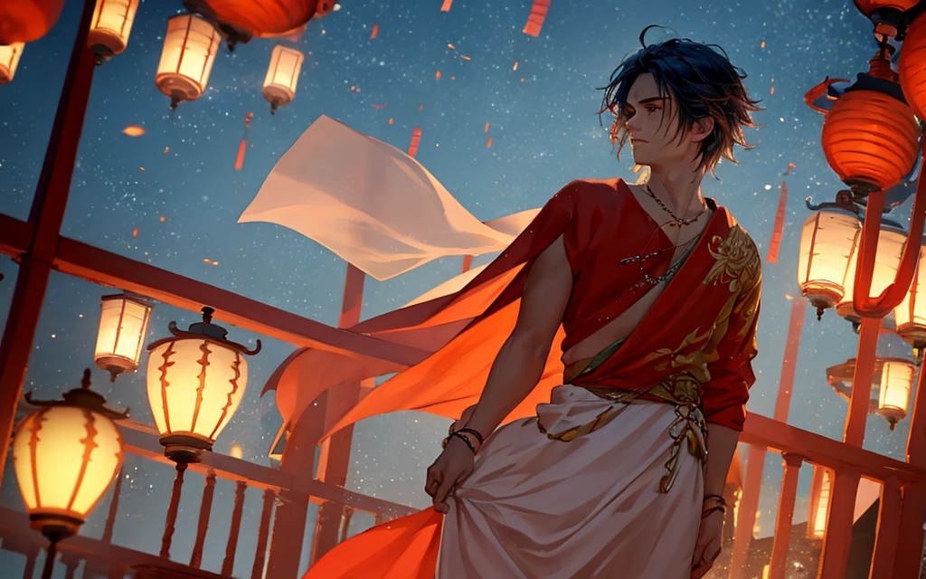 A handsome young man in white clothes with windblown hair standing thoughtfully on a balcony at dusk, gazing over a vast cityscape illuminated by floating lanterns in a twilight sky, creating a dreamlike and magical atmosphere. The primary light source is the twilight sky, casting soft shadows and delicate highlights on his hair and clothes. The color scheme features cool blues and purples, with contrasting warm orange and red lanterns. The scene conveys a sense of serenity, fantasy, and a touch of melancholy, with the young man's pose and expression suggesting contemplation or longing. The wind adds a dynamic element, bringing life to his hair and clothes, and the lanterns gently rise, enhancing the magical ambiance. The city lights twinkle like stars, adding depth and detail to the background.