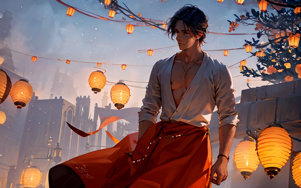 A handsome young man in white clothes with windblown hair standing thoughtfully on a balcony at dusk, gazing over a vast cityscape illuminated by floating lanterns in a twilight sky, creating a dreamlike and magical atmosphere. The primary light source is the twilight sky, casting soft shadows and delicate highlights on his hair and clothes. The color scheme features cool blues and purples, with contrasting warm orange and red lanterns. The scene conveys a sense of serenity, fantasy, and a touch of melancholy, with the young man's pose and expression suggesting contemplation or longing. The wind adds a dynamic element, bringing life to his hair and clothes, and the lanterns gently rise, enhancing the magical ambiance. The city lights twinkle like stars, adding depth and detail to the background.