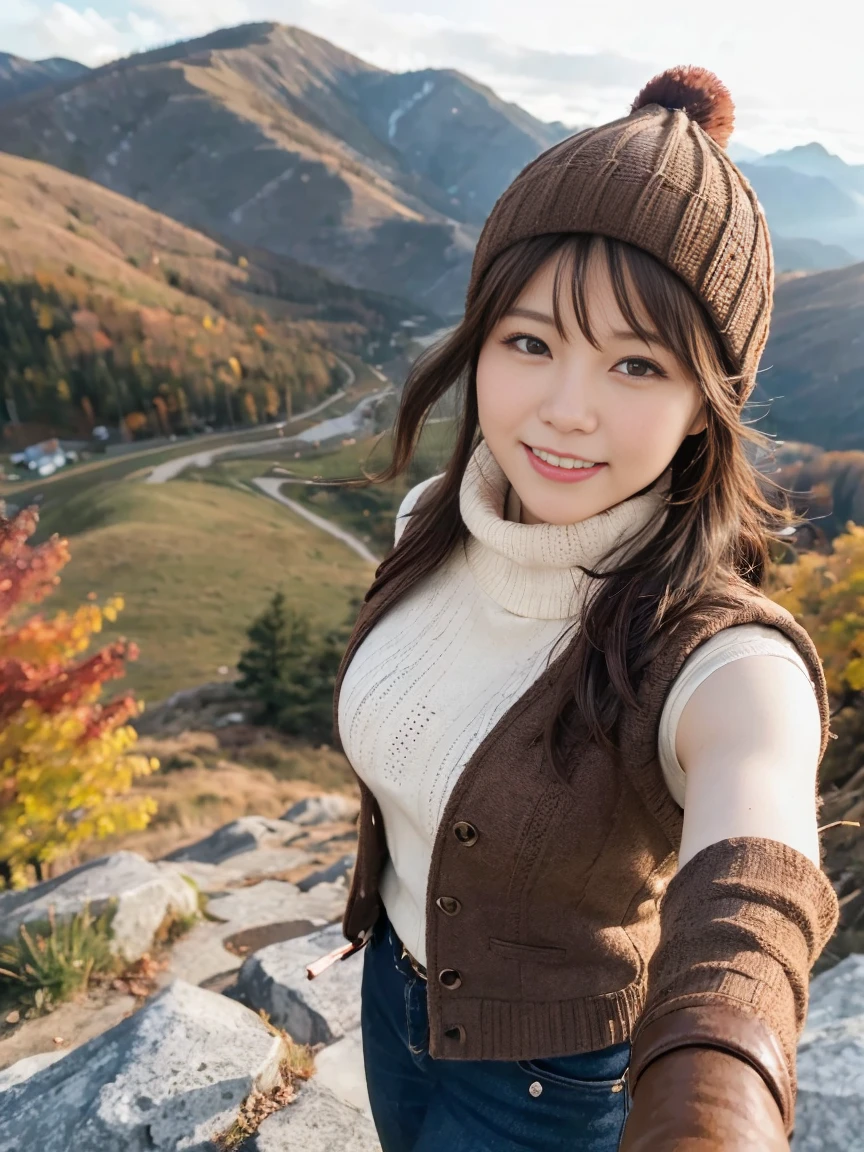 (Upper body selfie:1.3),Autumn climbing,With a spectacular view from the summit,autumn leaves、Beautiful sunrise,Remove the beam from above,Backlight,Generate images of beautiful women from around the world,Especially while reflecting elements of Western beauty.A woman with a natural smile and attractive facial expression,A woman with a natural smile and attractive facial expression,Clear Skin,Eyes sparkling,Expresses an elegant atmosphere,,alone, Backpack,Knitted hat,sweater,gloves,Mountain boots,A strong wind is blowing,Hair blowing in the storm,(8K quality,Tabletop,Highest quality,Ultra-high resolution output images,),(Highly detailed RAW photos:1.3),(Picture Mode Ultra HD),Mature 55 year old Japanese woman