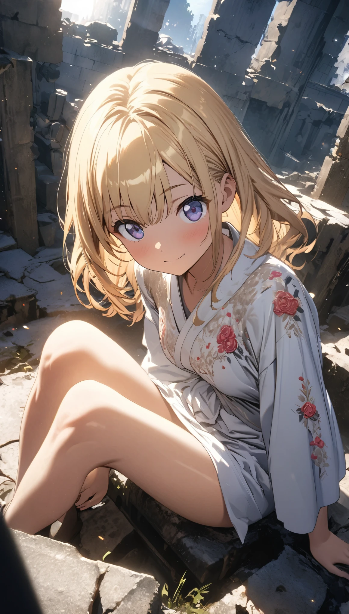 (Japanese Anime), ((best quality)), (Professional photography:1.3), (Super Detail:1.2), (HD:1.3), lens flare, Wide-angle lens, Textured Skin, Movie Lighting, 1 Girl, Rose embroidery, (Silky blonde hair), (Cute and shining), (healthy body), ((Sitting on the ruins)), (Clear focus), (Perfect Light)