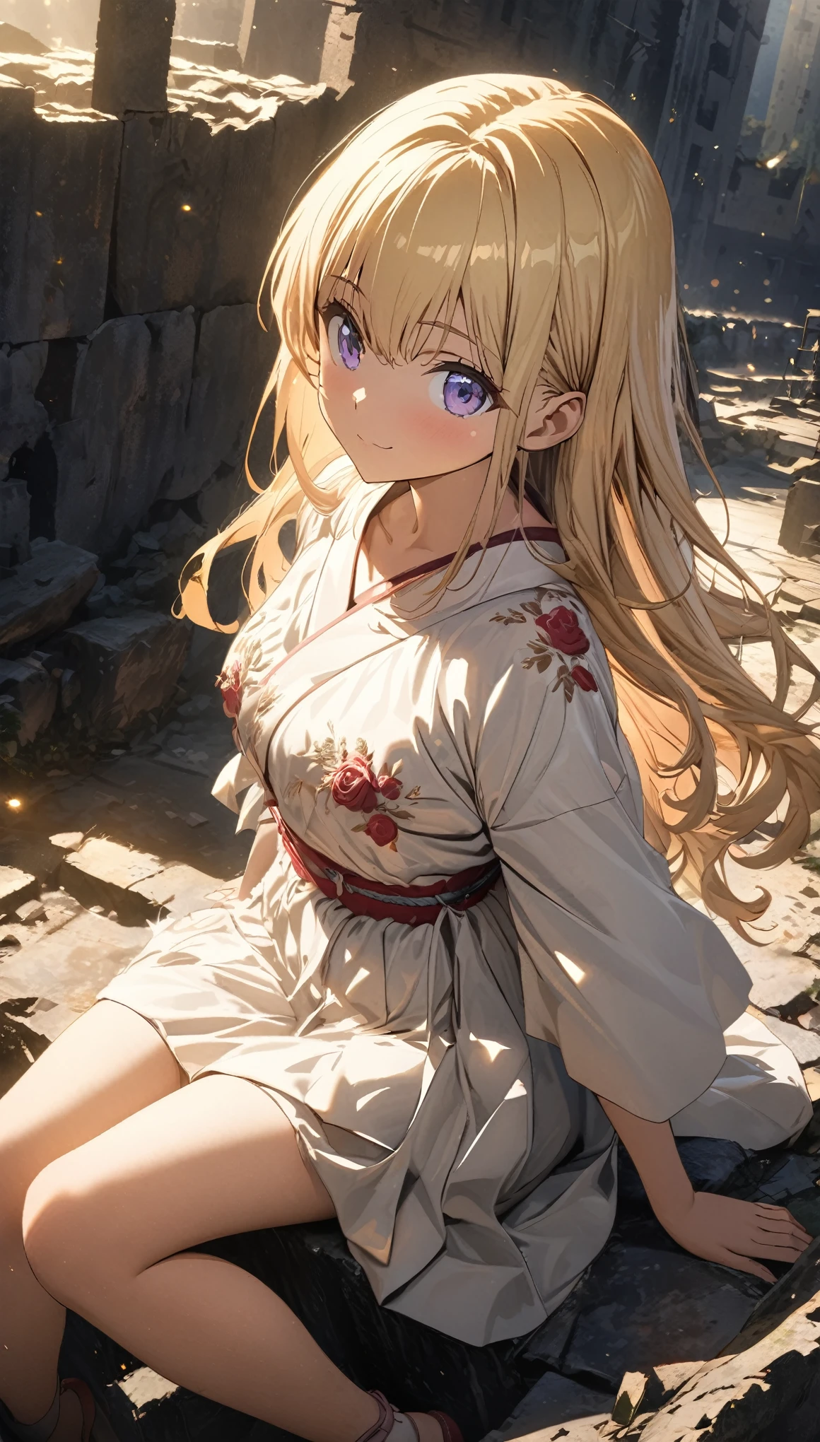 (Japanese Anime), ((best quality)), (Professional photography:1.3), (Super Detail:1.2), (HD:1.3), lens flare, Wide-angle lens, Textured Skin, Movie Lighting, 1 Girl, Rose embroidery,  (Silky blonde hair), (Cute and shining), (healthy body), ((Sitting on the ruins)), (Clear focus), (Perfect Light)