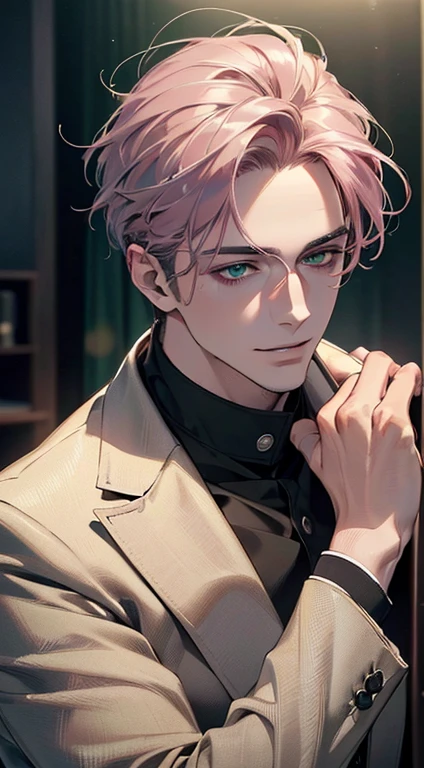 (best quality,4k,8k,highres,masterpiece:1.2),ultra-detailed,(realistic,photorealistic,photo-realistic:1.37),cinematic lighting,1:4 hdr image,a mature man, 29 years old,very handsome,cold expression smile in love, short grey pink hair, green eyes,flawless face,buttoning his jacket,CEO