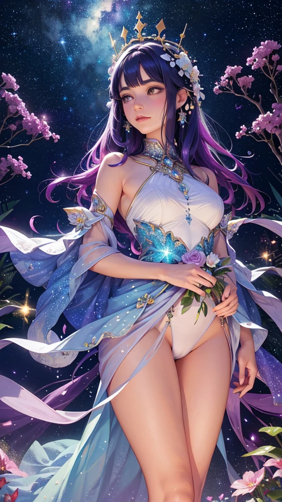 In a surreal realm, lush botanicals intertwine with shimmering galaxies, blending earthly desires with ethereal beauty. A majestic tree crowned with stars stands amid a celestial garden, where delicate flowers bloom with stardust. Wisps of moonlight dance with vibrant colors, creating a harmonious fusion of nature and cosmos.