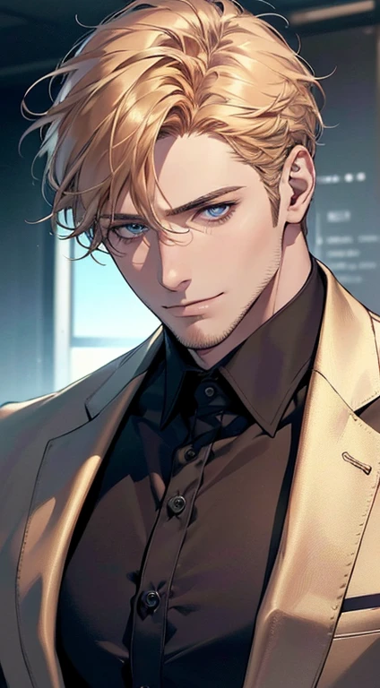 (best quality,4k,8k,highres,masterpiece:1.2),ultra-detailed,(realistic,photorealistic,photo-realistic:1.37),1 man,31 years old,mature man,very handsome,without expression,smile,short golden hair,blue eyes,penetrating gaze,perfect face without errors,imposing posture,businessman,office background,cinematic lighting,hdr image