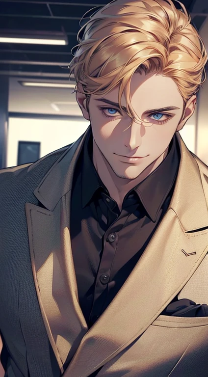 (best quality,4k,8k,highres,masterpiece:1.2),ultra-detailed,(realistic,photorealistic,photo-realistic:1.37),1 man,31 years old,mature man,very handsome,without expression,smile,short golden hair,blue eyes,penetrating gaze,perfect face without errors,imposing posture,businessman,office background,cinematic lighting,hdr image