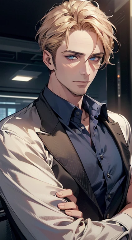 (best quality,4k,8k,highres,masterpiece:1.2),ultra-detailed,(realistic,photorealistic,photo-realistic:1.37),1 man,31 years old,mature man,very handsome,without expression,smile,short golden hair,blue eyes,penetrating gaze,perfect face without errors,imposing posture,businessman,office background,cinematic lighting,hdr image