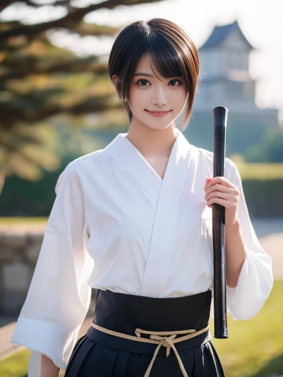 20 year old Japanese beauty,Slim and cute、Bulge of lateral breasts、Slit eyes、A head-to-toe view,Bust is very very large、The background is a Japanese castle、High quality photos、Clear, crisp images of the lower body、Masterpiece 8k、Smiling、Female Ninja Cosplay、He is holding a Japanese sword in his right hand