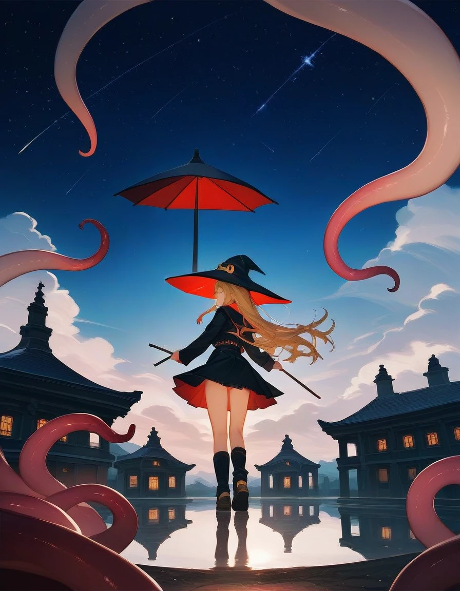 (Fraction_9,Fraction_8_up,Fraction_7_up,Fraction_6_up,Fraction_5_up,Fraction_4_up),1girl,have,witch_have,long_hair,Sky,Tentacles,Solitary,skirt,Keep,Star_(Sky),cloud,witch,Black_Headdress,scylla,long_sleeve,monster_girl,Black_skirt,Keep_umbrella,floating_hair,Starry_Sky,umbrella,Red_hair,floating,Keep_Sticks,Suck_cups,from_behind,Sticks,full_Body,outdoor,