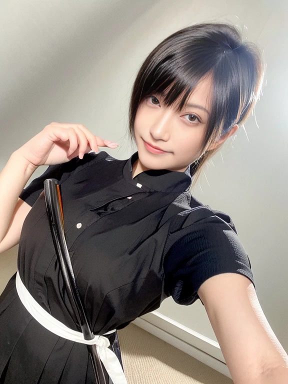 20 year old Japanese beauty，Slim and cute、Bulge of lateral breasts、Slit eyes、A head-to-toe view，Bust is very very large、The background is a Japanese castle、High quality photos、Clear, crisp images of the lower body、Masterpiece 8k、Smiling、Female Ninja、He is holding a Japanese sword in his right hand