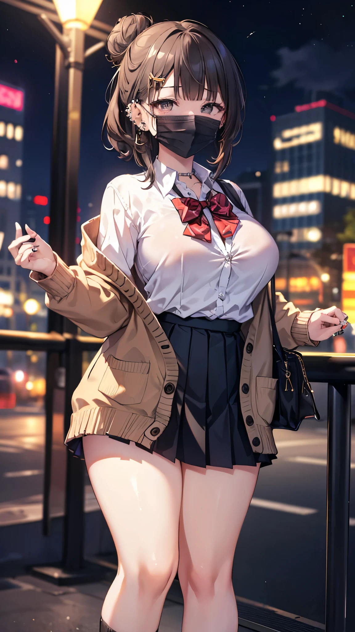 (masterpiece、Highest quality、Very detailed))、One girl、gyaru、Black Hair、single hair bun、blunt bangs、Grey Eyes、surgical mask、((lots of piercing))、Large Breasts、A bow tie、((brown cardigan))、((Black pleated skirt))、Thick waist、Thick thighs、Cowboy Shot、((night))、Downtown background