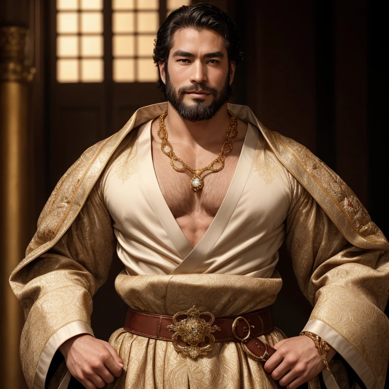 Masterpiece, high resolution, HDR, detailed composition, unique, hot handsome charming Japanese mature hunk from the 1500s with a charming smile, patriarchy, medieval fashion, elegant clothing, luxurious medieval clothing with super fine golden detailing, wearing elaborate jewelry, fine jewelry, wearing rings and necklace, golden, gold, diamond, shiny, royalty, extremely fine clothing details, wearing a large golden belt with rich artistic details, divine, opulence, grandeur, wealthy, rich taste, affluence, wisdom, pristine, sophisticated man, dashing man, scruff and hairy, mature, masculine, macho, beefy man, beautiful hazel eyes, symmetrical eyes, staring directly at camera, charming smile, happy