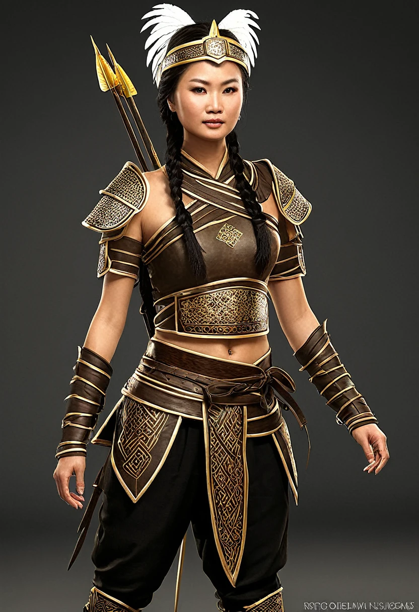 A beautiful ancient female warrior of the Lac Long Quan era. Name: My Nuong.
Stature: About 1m65 tall, toned body but still retains the softness of a woman.
Face: Sharp lines, eyes bright as stars at night, exuding intelligence and determination. Thin lips, square chin showing strong will.
Hair: Jet black, waist-length, often braided into a large braid or neatly tied up when fighting.
Skin: Bronze color, tanned, showing a life closely connected to nature.
Shirt: Brown rough fabric shirt, cross-collar, short sleeves for ease of movement.
Pants: Black wide-leg pants, tied tightly at the ankles.
Armor: Light armor made of animal skin and bark, protecting the chest and shoulders.
Headgear: Leather helmet, with feathers symbolizing agility and freedom.
Main weapon: Long spear made of hard wood, sharp bronze spearhead.
Side Weapon: Dagger worn at the waist and bow and arrows slung on the back.
Skills: Proficient in spear, bow and arrow, and hand-to-hand combat.
Special Ability: Can communicate with animals, especially birds, which helps in reconnaissance and communication.
Personality: Brave, intelligent, and has natural leadership abilities. Always puts the interests of the tribe first.
Role: Commander of an elite female army, protecting the tribe's borders.
My Nuong is the embodiment of the combination of strength and wisdom, representing the image of ancient Vietnamese women - both gentle and strong, both attached to nature and ready to fight to protect the homeland.